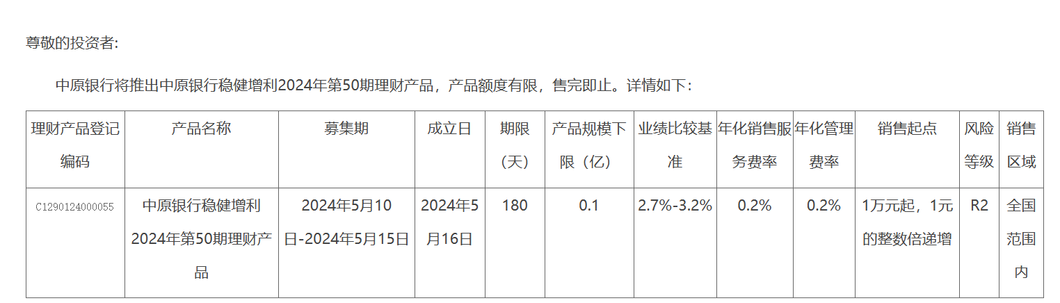 中原银行稳健增利2024年第50期理财5月10日起发行业绩比较基准27%-32%
